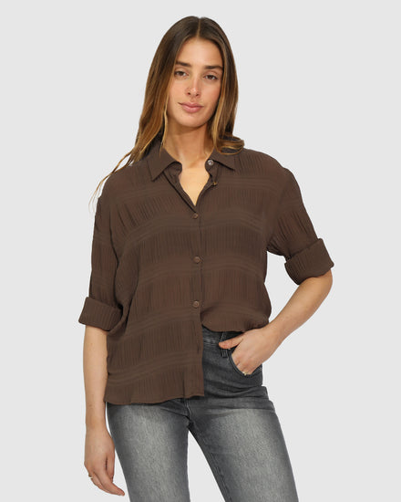 Yoko Shirred Chiffon Blouse - Chocolate