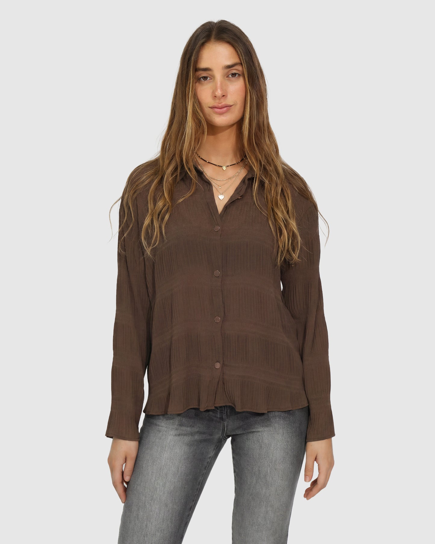 Yoko Shirred Chiffon Blouse - Chocolate