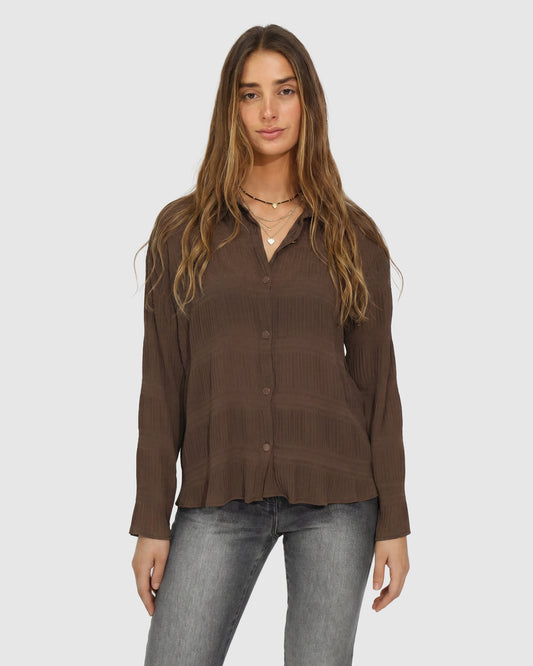 Yoko Shirred Chiffon Blouse - Chocolate
