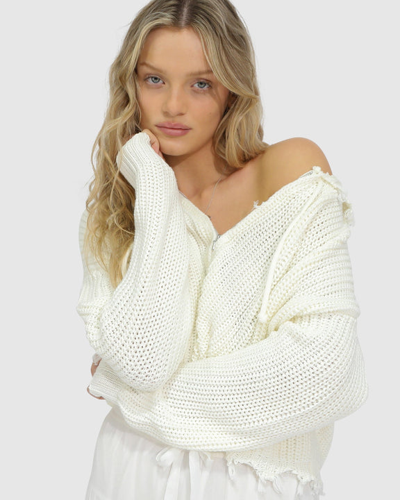 Another Love Fringe Zip Knit - Cream