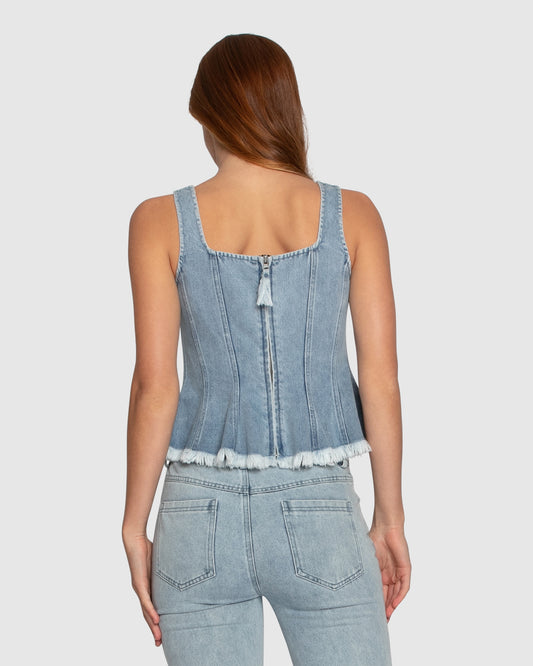 Back view of Belle & Bloom Hold Me Brave Denim Top with panel seam detailing and raw fringed hem.
