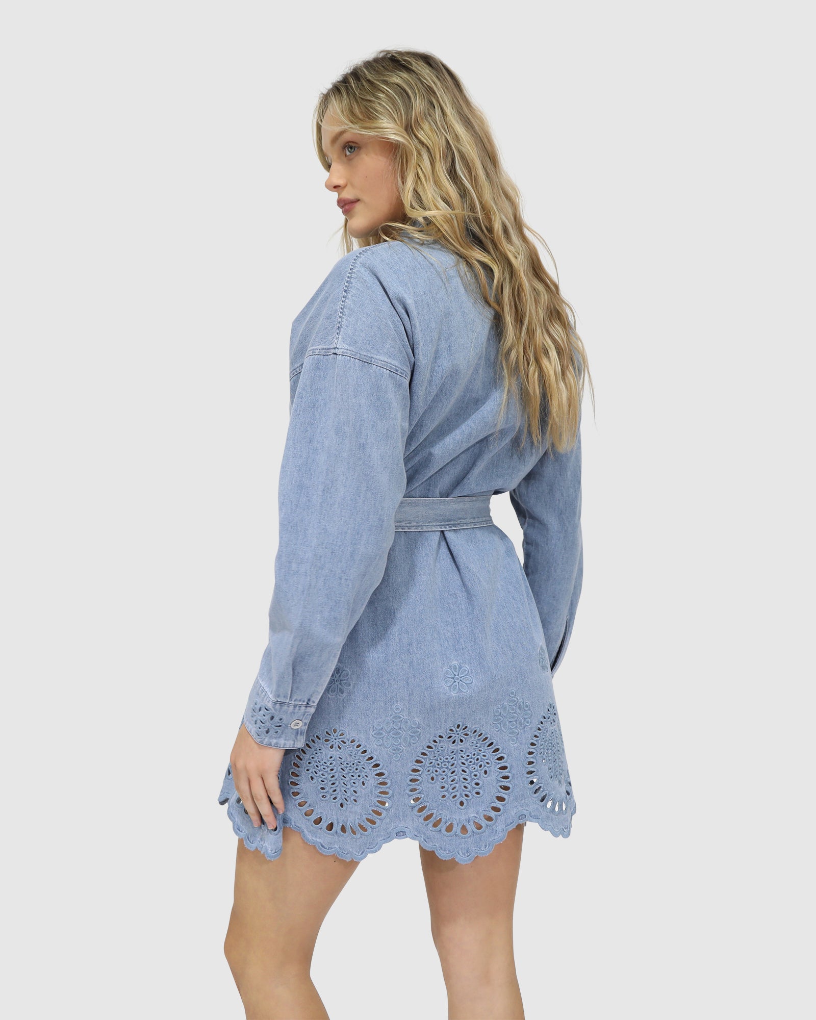 Back of the Sunday Somewhere Denim Broderie Shirt Mini Dress – gathered yoke, clean back finish, subtle A-line shape, cotton denim with broderie texture