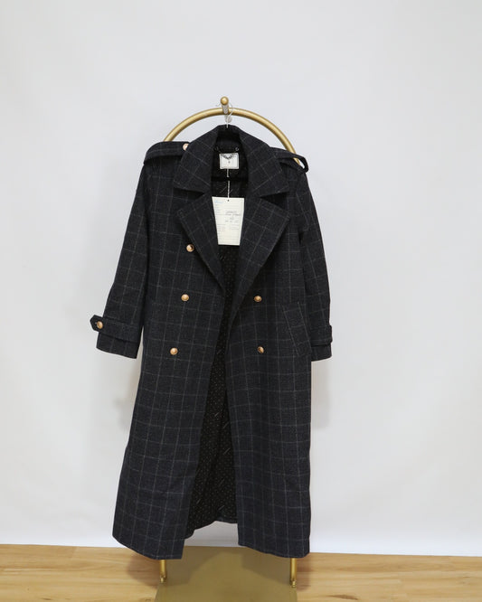 Longline Check Military Coat - Charcoal