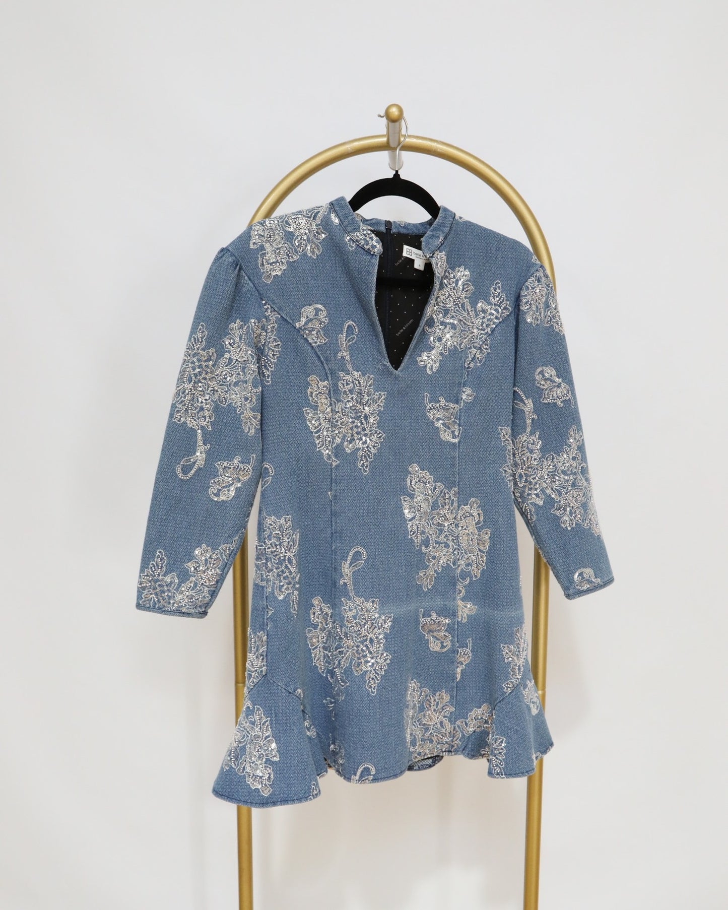 Mini Embroidered Denim Dress - Blue