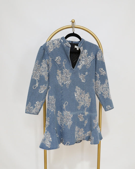 Mini Embroidered Denim Dress - Blue