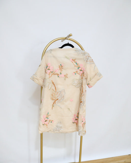 Short Sleeved Embroidered Dress - Champagne