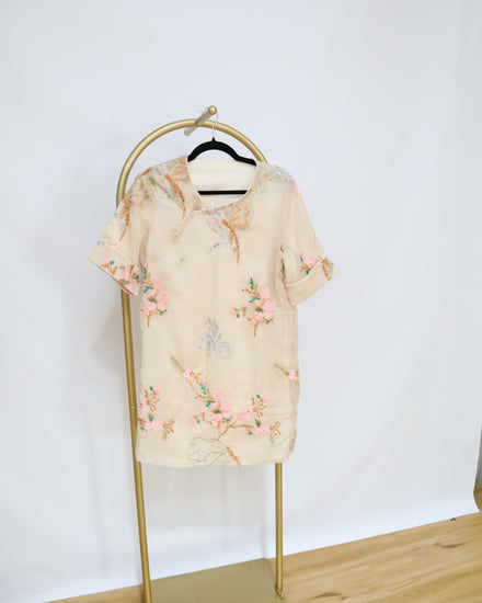 Short Sleeved Embroidered Dress - Champagne