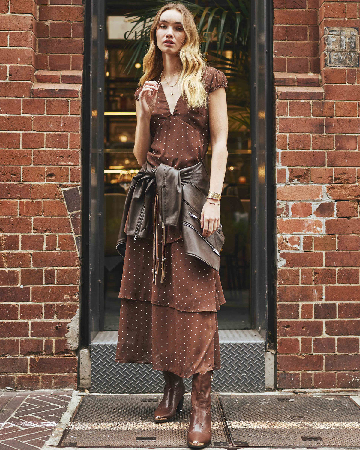 fleur maxi dress in dark brown superdown Falling For You Tiered vday2025 100% Polyester Imported Weekly Sales Report: Nordstrom, Size:customzied