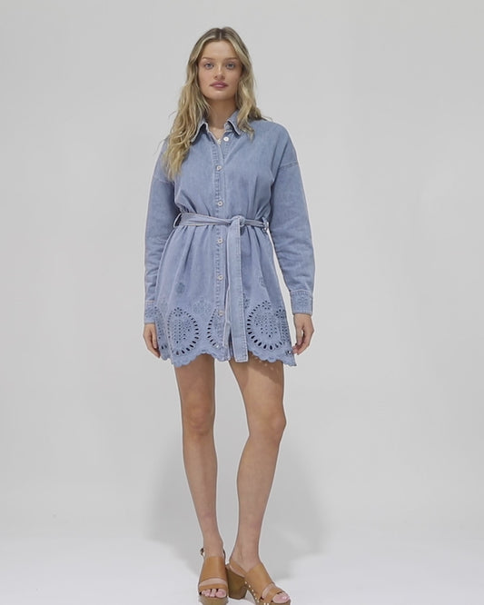 Sunday Somewhere Denim Broderie Mini Shirt Dress - Stonewash