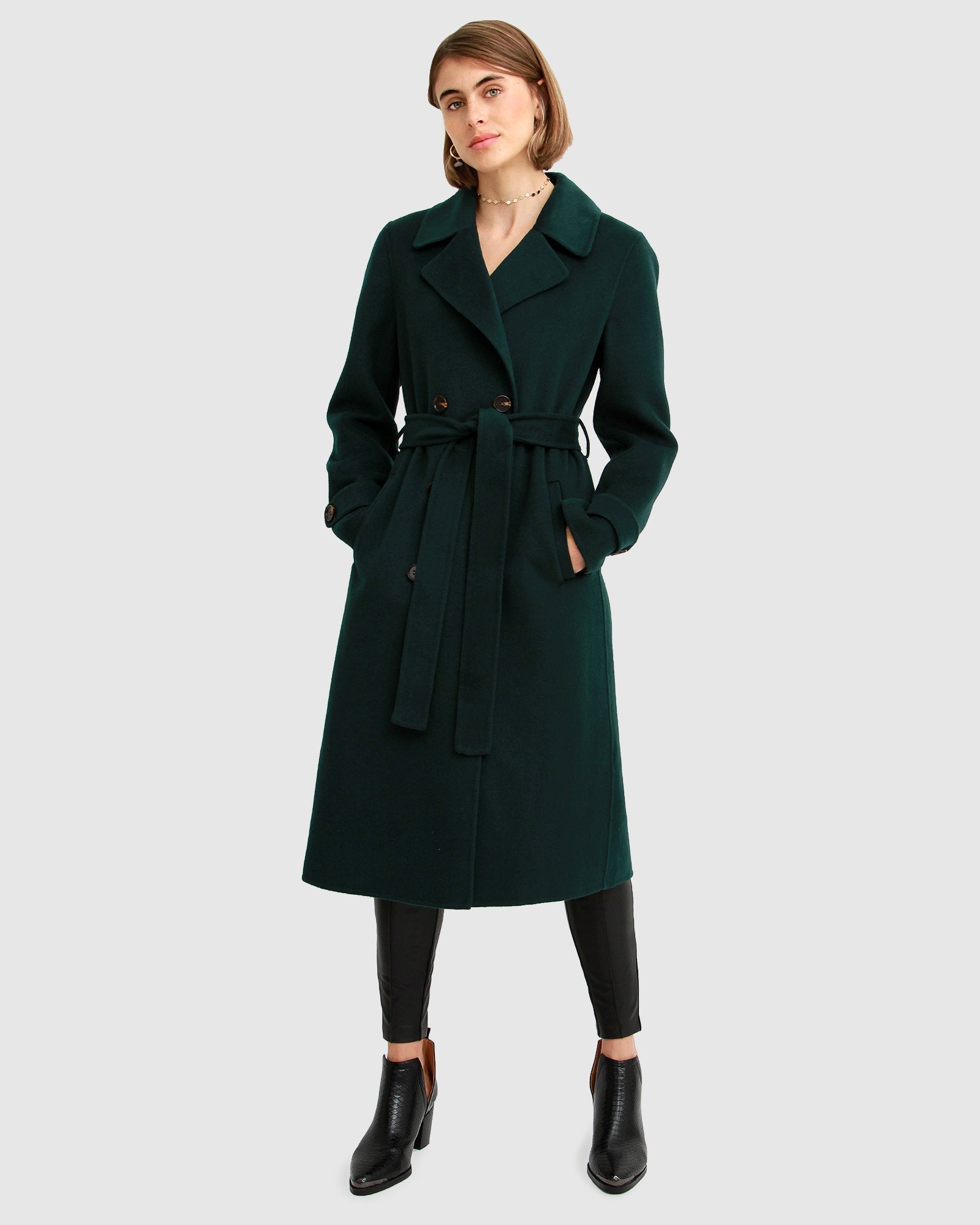 dark green dress coat Dark Green Wool Fit and Flare Coat with Double Breasted Detail Green / XS
