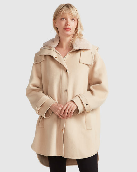 Heavy Hearted Wool Blend Detachable Hooded Coat - Pale Oat