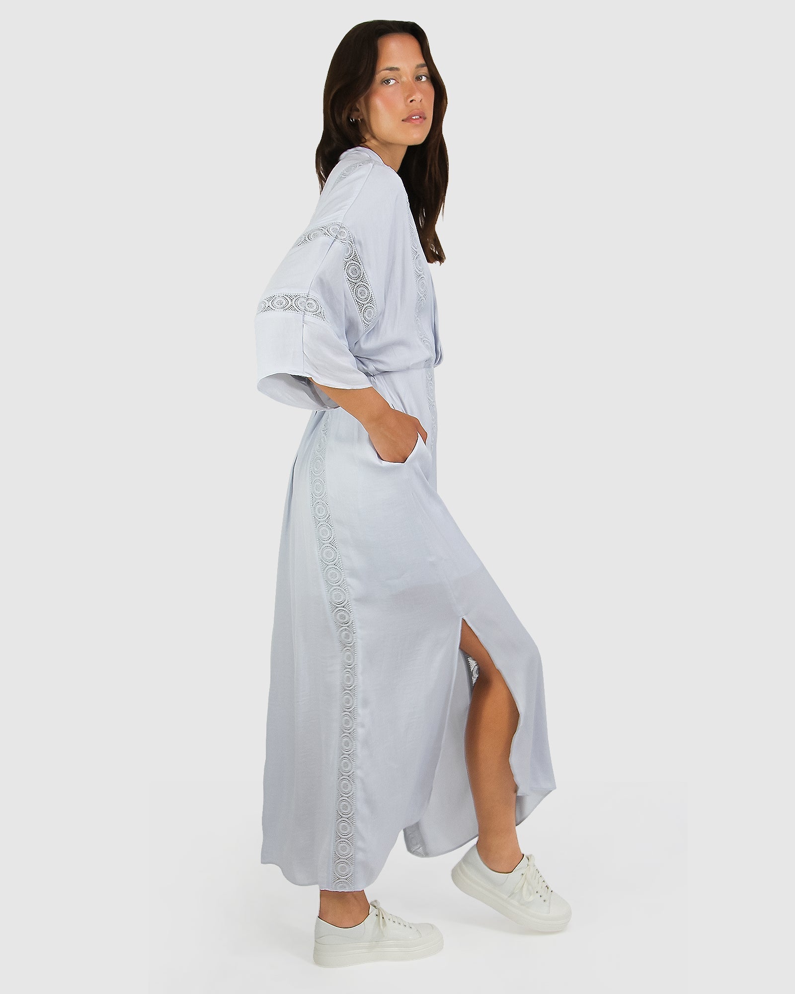 Side View light blue women's maxi dress