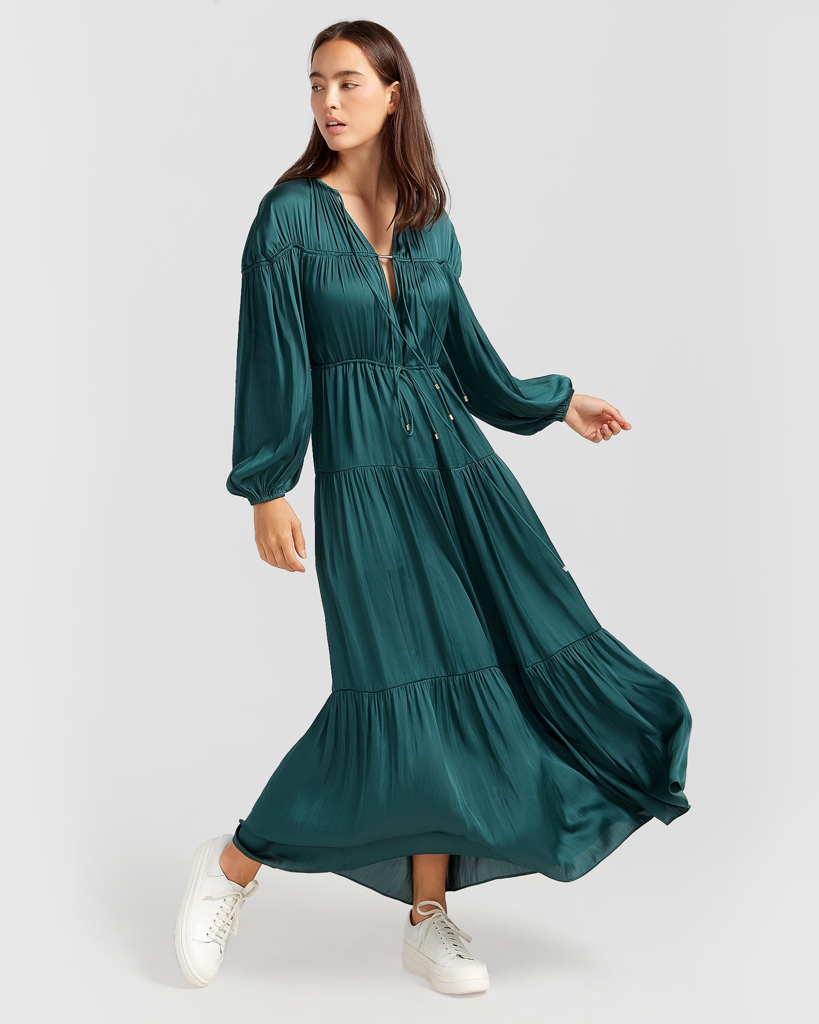 Window Seat Tiered Maxi Dress - Dark Green - Size L - Belle & Bloom Window Seat Tiered Maxi Dress - Dark Green - Size L - Belle & Bloom