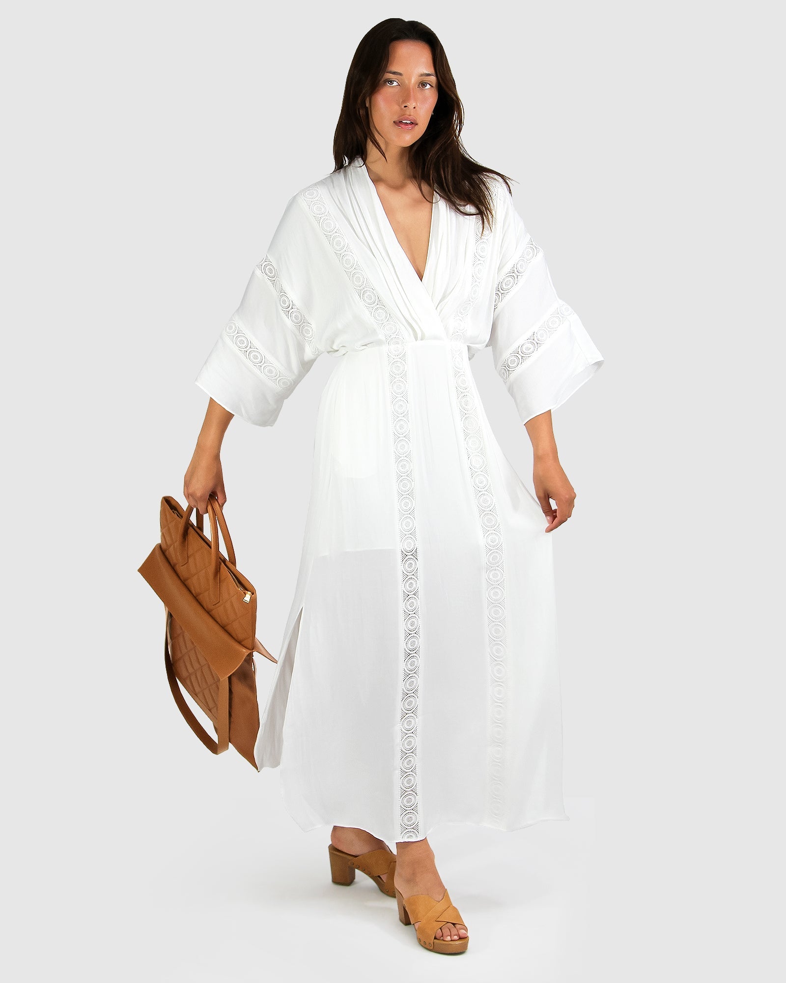 Cotton lace trim white women's maxi dress with bag