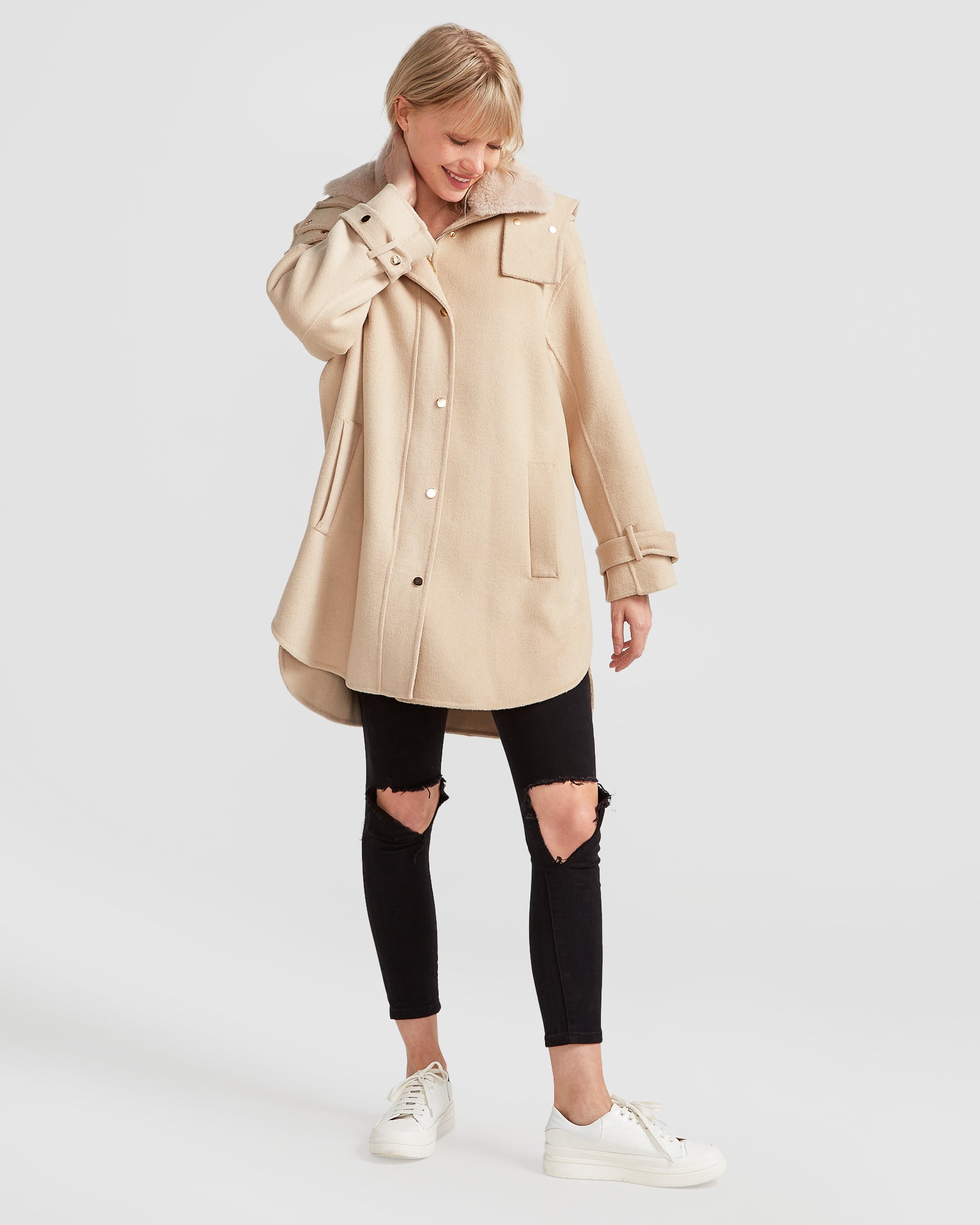 Heavy Hearted Wool Blend Detachable Hooded Coat - Pale Oat – Belle