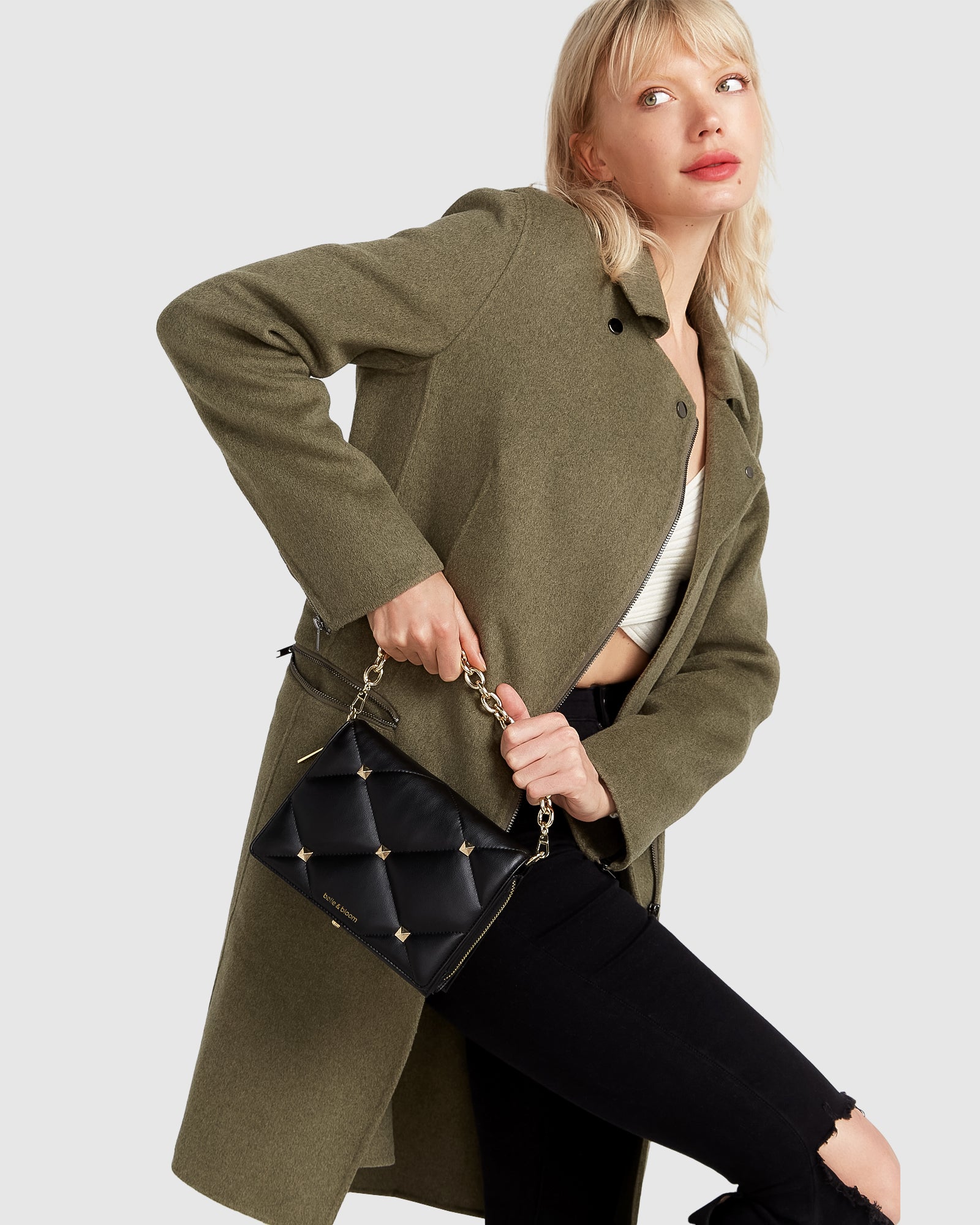 Green knee hotsell length coat