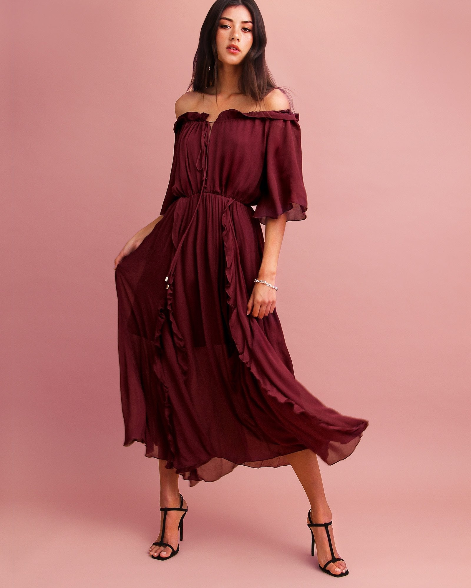 Amour Amour Ruffled Midi Dress Burgundy