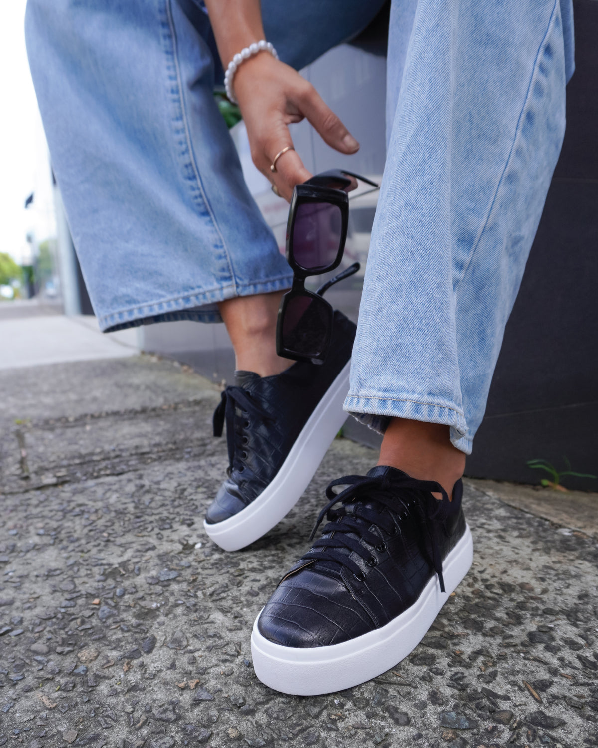 Just A Dream Croc Leather Sneaker - Black