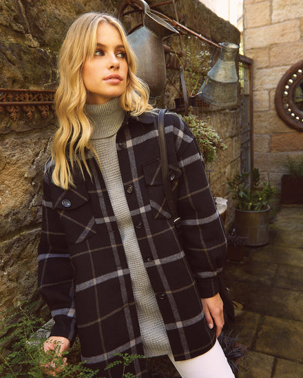 River's Edge Wool Blend  Plaid Shacket - Black Plaid