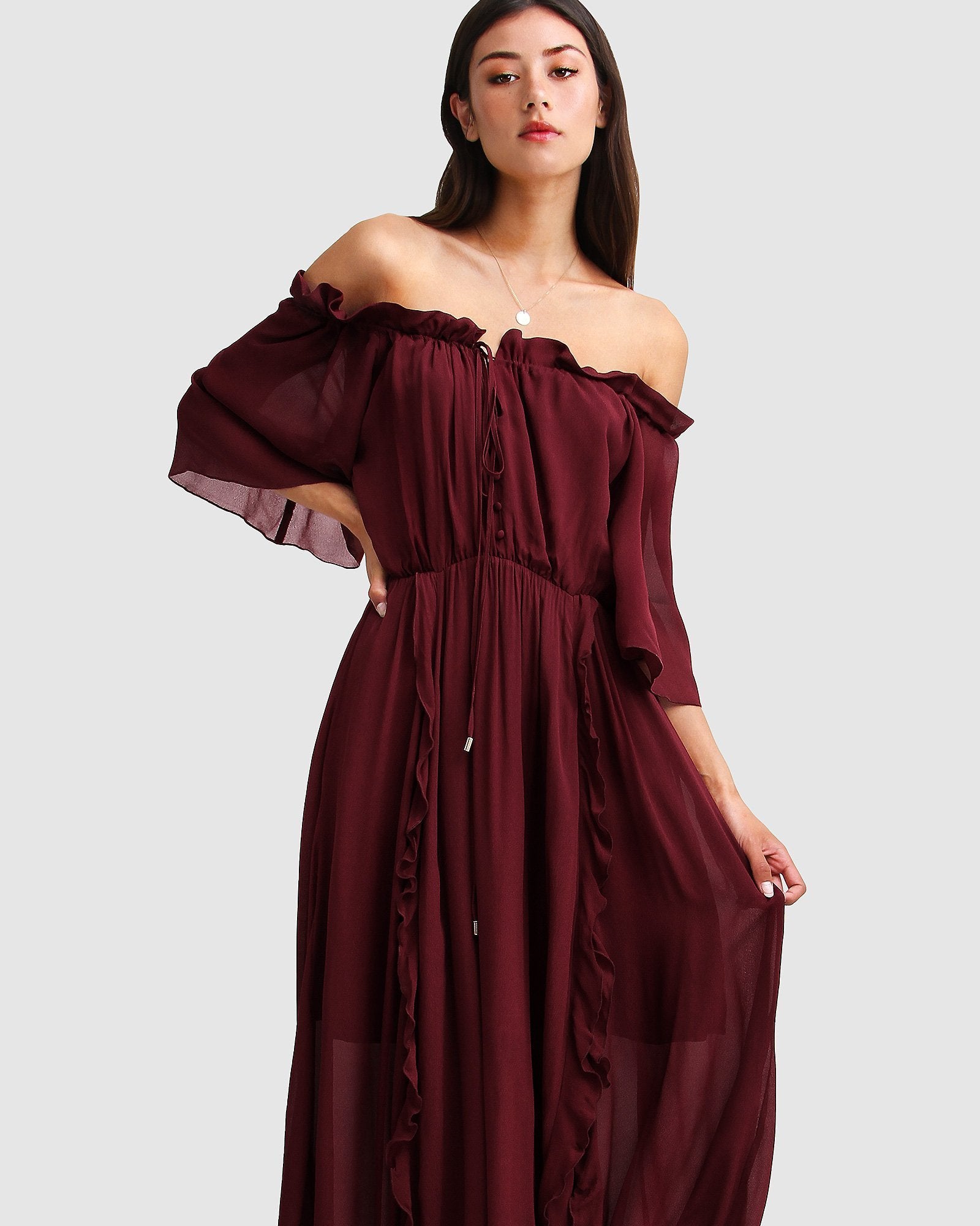 Amour Amour Ruffled Midi Dress - Burgundy Belle & Bloom Amour Amour Ruffled Midi Dress - Burgundy Belle & Bloom